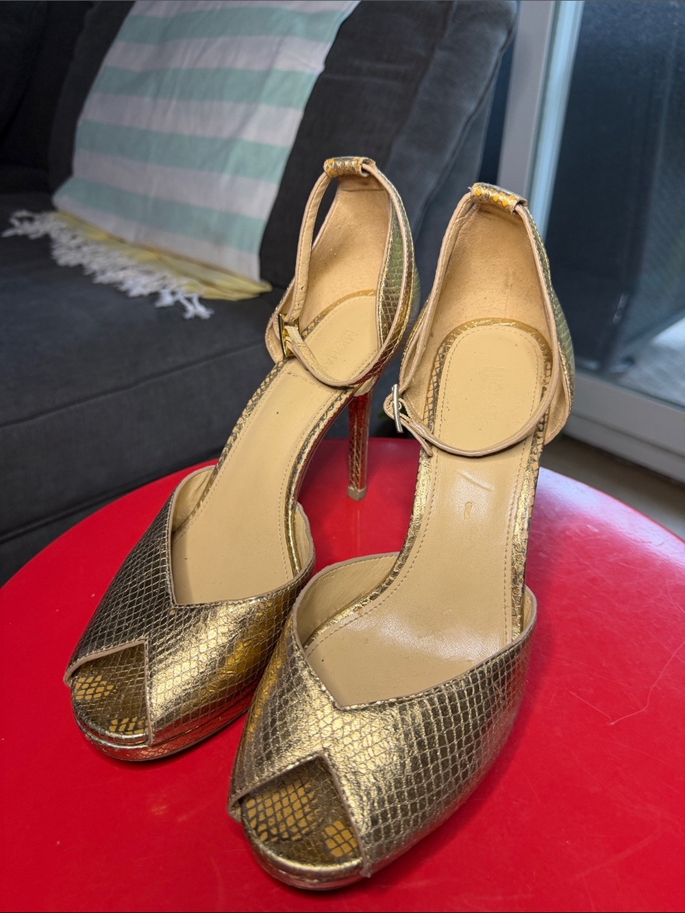 Michael Kors Size 9.5 Metallic Gold Peep-Toe Ankle-Strap High Heels - Women